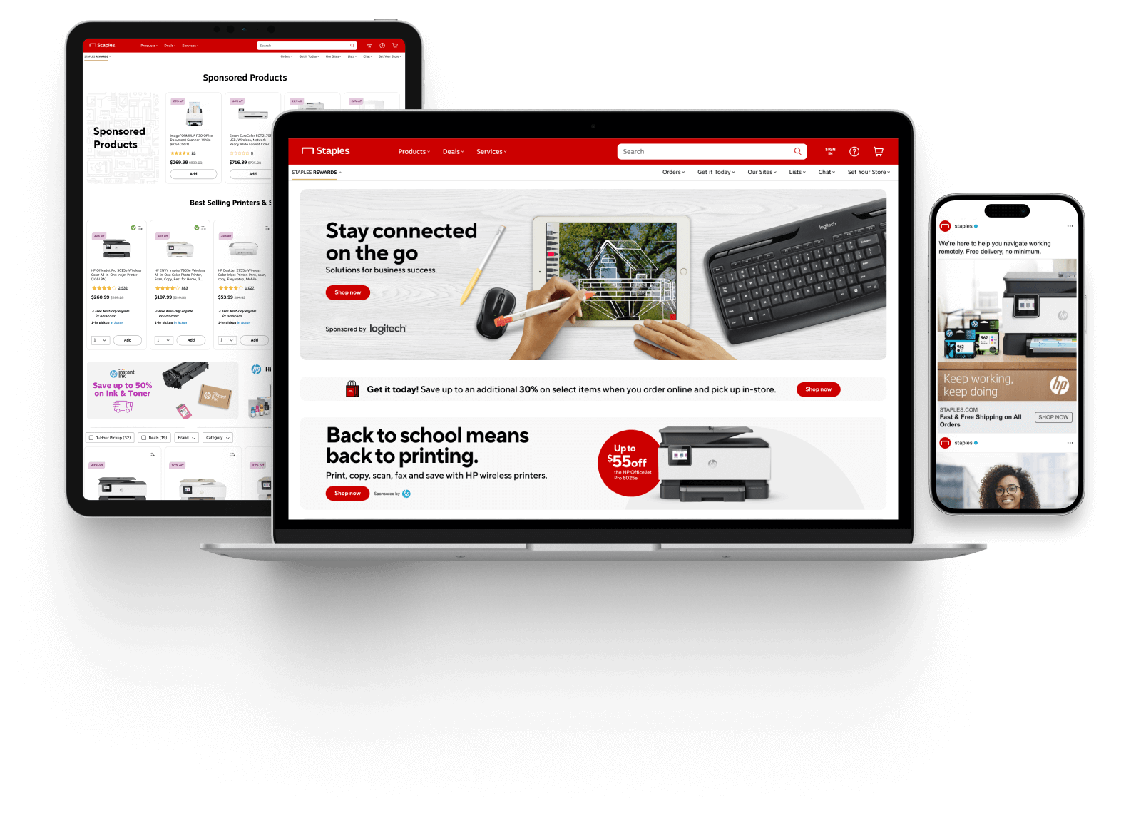 an ipad, macbook, and iphone on the Staples homepage